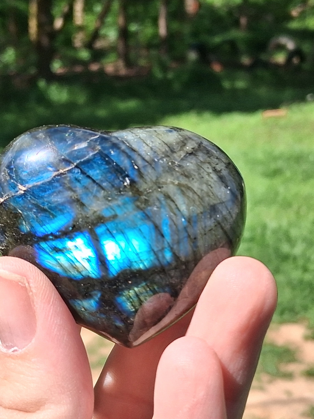 Labradorite Carved Puff Heart Blue Flash Flashy Small Gift Pocket Rock Crystal